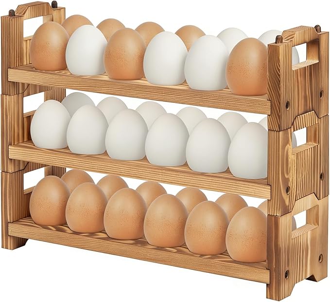 Egg Holder Countertop, 3-tire Solid Wooden Egg Holder, Stackable Egg Storage Easter Basket Holding Up to 36 Fresh Eggs, Chicken, Duck Eggs - Unfinished
