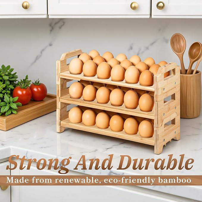 3 Pack Wooden Egg Holder Stackable Egg Storage for Countertop Eggs Collecting Storage Display Rack Holding Up to 54 Fresh Eggs for Chicken, Duck, Turkey Quail