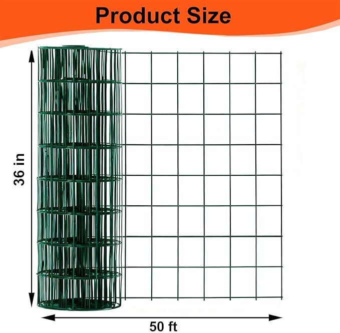 Wire Mesh Roll for Poultry Cages 36IN x50FT- Heavy Duty Fencing Net for Farm Garden Animal Plant Protection, Chicken Wire Fence, Easy to Install Fencing for Rabbits, Birds, Vegetables (Green)
