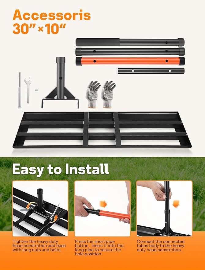 Lawn Leveling Rake 30x10 inch, Heavy Duty Lawn Leveler Tool with 78" Adjustable Handle, Curved Edge & Anti-Fracture Connectors Level Soil or Dirt Ground Surfaces for Backyard, Grass, Golf Course, Farm