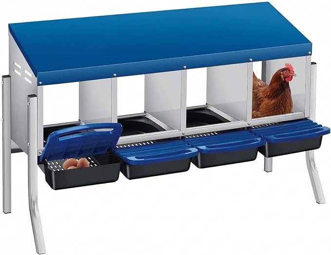 Chicken Nesting Boxes with Rollout Egg Collection – 4-Compartment Metal Hen Nest Box with Removable Trays, Slanted Roof & Ventilation, Wall Mount or Standing for Backyard Poultry Coop, Blue