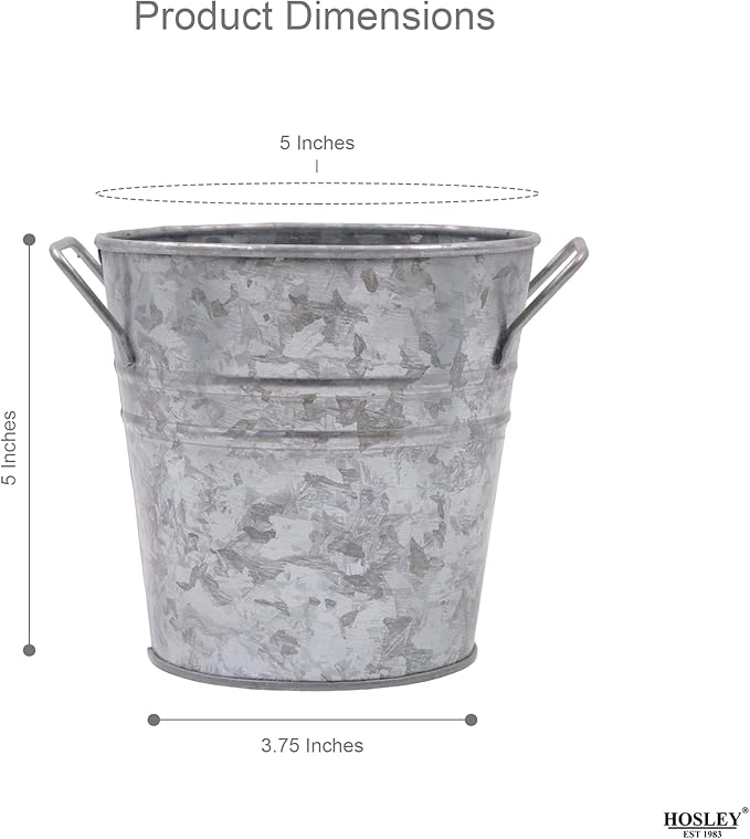 Hosley Set of 3 Galvanized Acid Wash Finish Bucket/Pots with PVC Liner 5" Dia x 5" H, Ideal Gift for Floral Arrangements Wedding Home Office Party DIY Indoor Outdoor Garden Patio