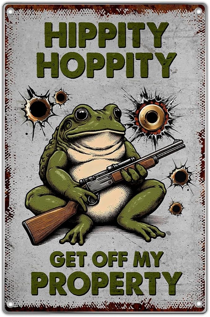 Frog Sign Funny Hippity Hoppity Get Off My Property Retro Metal Warning Wall Decor Humorous No Trespassing For Home Garden Man Cave Garage Room Bathroom 8 x 12 Inch