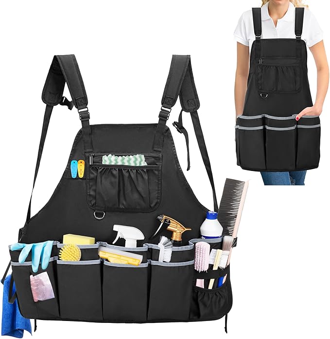 Large Cleaning Apron with Dual Shoulder Straps, House Cleaning Apron with Multiple Pockets for Housekeeping Work Supplies, Water-resistant Cleaning Caddy Apron for Women & Men (Apron Only)