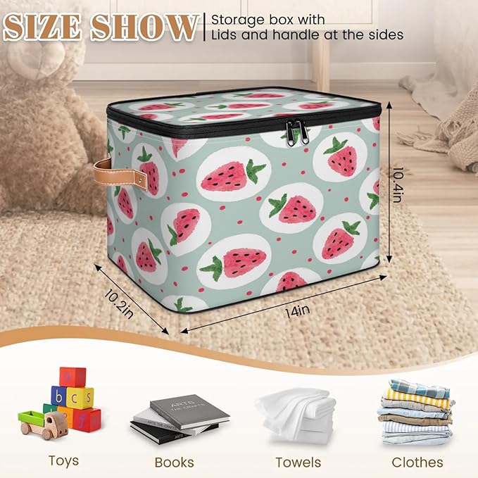 Storage Cubes with Lid Fabric Storage Bins Boxes PU Leather Handles, Strawberry Closet Organizer Container Foldable Washable Shelf Cloth Basket, Fruits Cute
