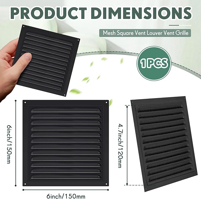 1 Pc Aluminum Attic Vents 6" x 6" Metal Gable Wall Mesh Shed Vent with Screen Square Louver Grille for Exterior Door House Attic Garage Ceiling