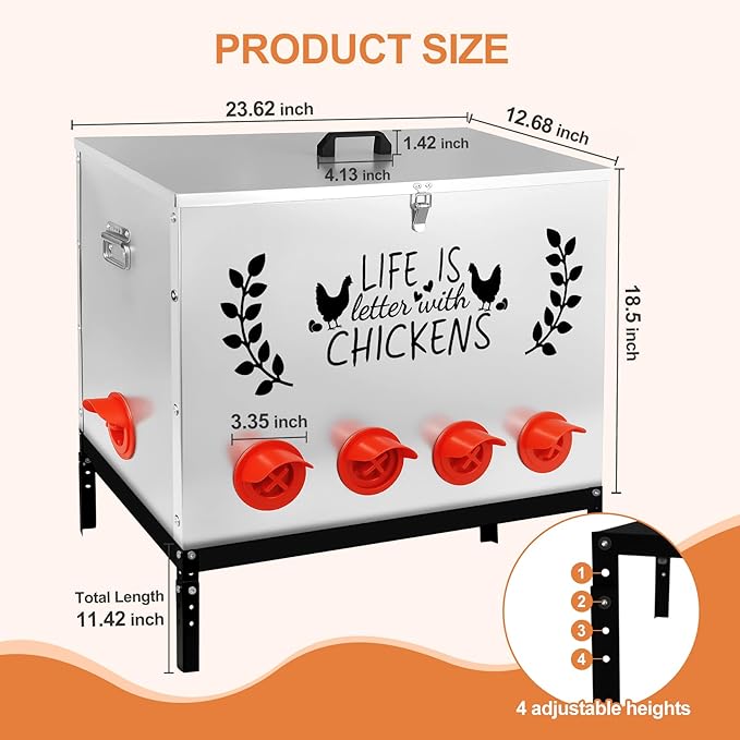 Chicken Feeder Metal, 95LB Large Chicken Feeder with 10 No Waste Feeding Ports, Galvanized Chicken Feeders with 4 Adjustable Legs & Locking Lid