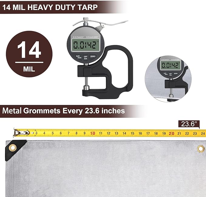 Sunvigor Tarp Waterproof 10x20Ft, Heavy Duty Tarp Cover Extra Thick 14 Mil Tear and UV Resistant, Outdoor Tarps with Grommets and Reinforced Edges for Roof, Camping, Patio, Pool, Boat (Silver/Brown)