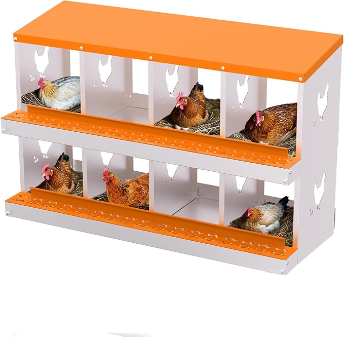 Chicken Nesting Boxes, 8-Hole Roll Away Nest Box for Chicken Coop, Metal Egg Laying Box with Perch & Lid Cover to Protect Eggs, Rollout Egg Collection, Vented Holes Orange