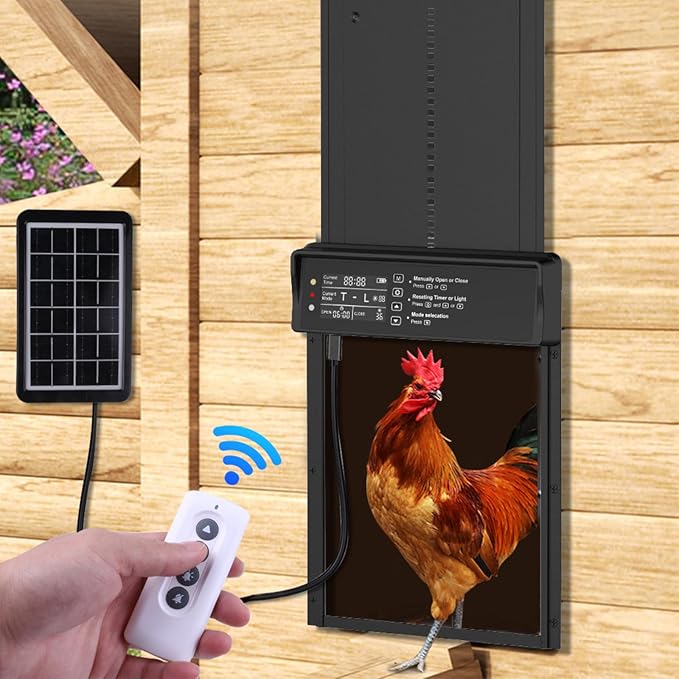 Automatic Chicken Coop Door Opener Solar Powered, Large for Run Chicken | LED Screen, Timer, Light Sensor, Manual & Remote Control, Anti-Pinch, Aluminum Alloy, Abnormally Open Close Auto Alarm