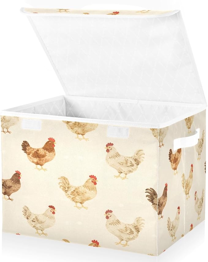 Farmhouse Chickens Fabric Storage Bin with Lid, Collapsible Basket with Handles, Shelf Cube Closet Organizer for Home and Bedroom