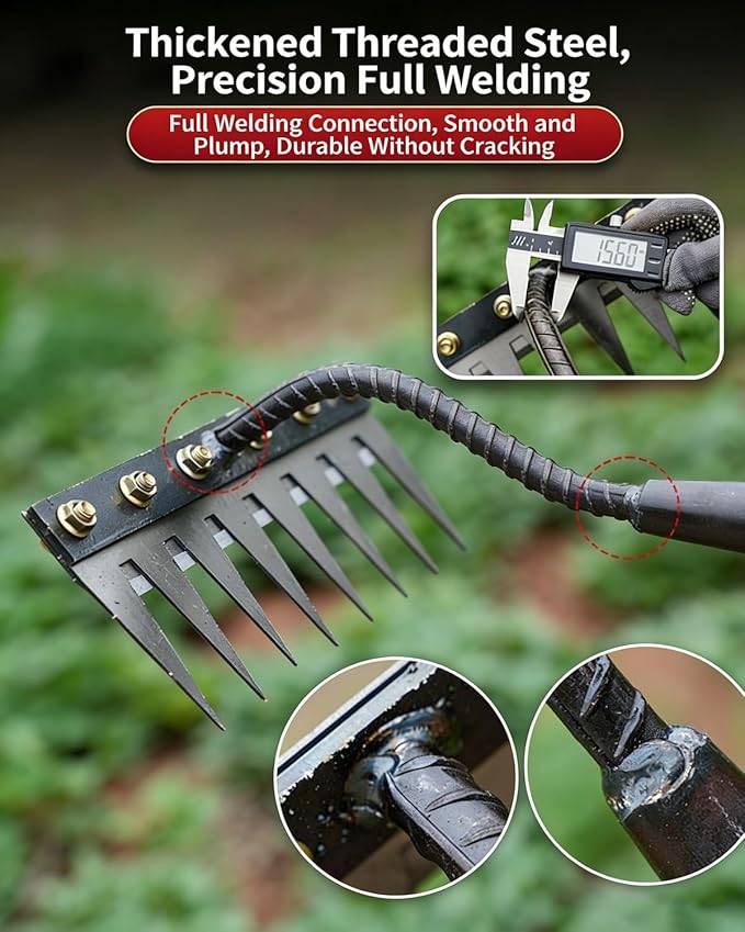 Garden Hand Rake Tool Manganese Steel 5/6/7/8 Teeth for Yard,Farm,Soil & Lawn Care Heavy Duty Weed Iron Metal Puller Grass Remover Landscaping Sickle Manual Thatch Cultivator Long Handle (6Teeth)