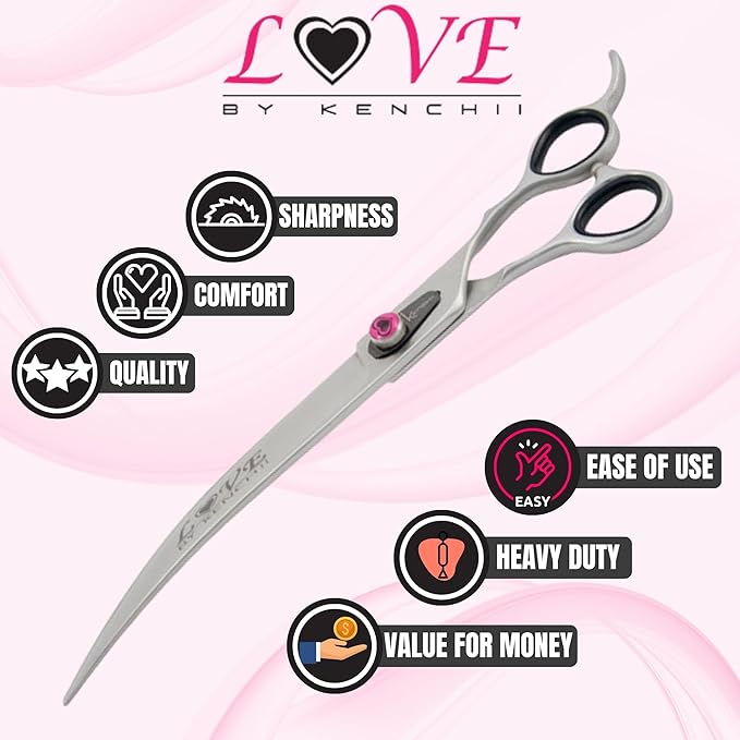 Kenchii Love Dog Grooming Scissors, 9 Inch Curved Shears, Dog Scissors for Grooming, Professional Pet Grooming Scissors, Ergonomic & Comfortable