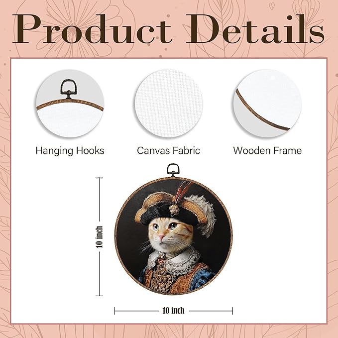 Hxlac Victorian Cat Round Wall Art Framed, Vintage Cat Round Wall Decor, Cottagecore Farm Animal Hanging Canvas Prints Wall Sculptures for Home Living Room Bedroom Decor, 10x10 Inch
