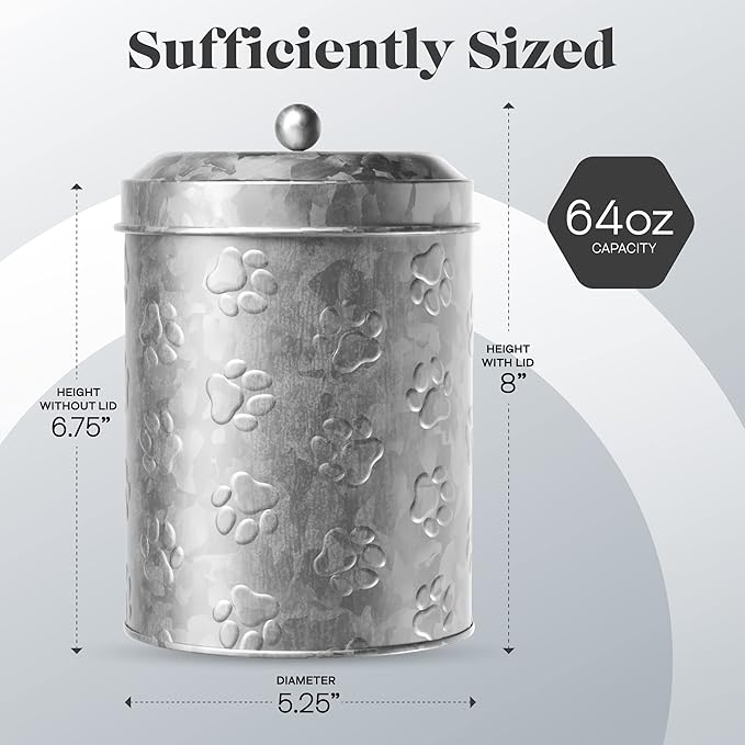 Amici Pet Puppy Paws Small Galvanized Metal Food Canister, 64 Oz Airtight Storage with Handle Lid, Embossed Paw Design for Pet Treats, Snacks, or Kibble - 8" H x 5.5" L, BPA Free