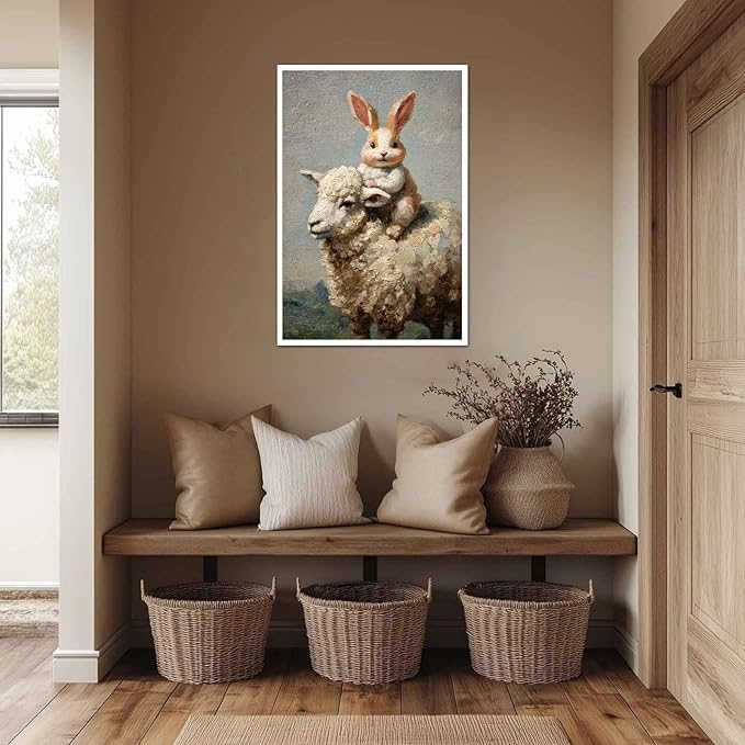 MNFGMH Easter Art Spring Bunny and Sheep Easter Canvas Prints Farmhouse Rabbit Pictures Artwork Modern Home Decor Gift Canvas Roll 16x24 inch