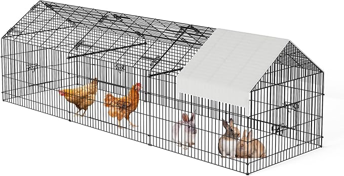 Large 130" Metal Chicken Coop Run with Waterproof Cover – Portable Outdoor Poultry Cage, Rabbit Hutch, Duck House, Pet Playpen – Easy Assembly, Secure Lock, 4-Door Design, All-Weather Enclosure