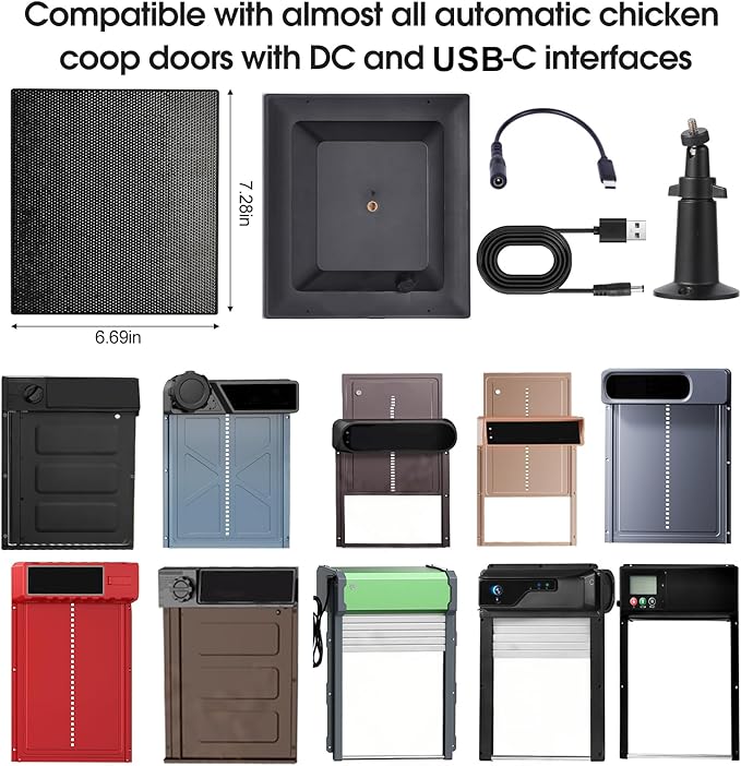 6W Solar Panel for Automatic Chicken Coop Door Compatible with Chicken Coop Door with DC/USB-C Port, Built-in 8000mAh Battery, with 9.8ft DC Cable & DC to USB-C Adapter Cable, IP65 Weatherproof