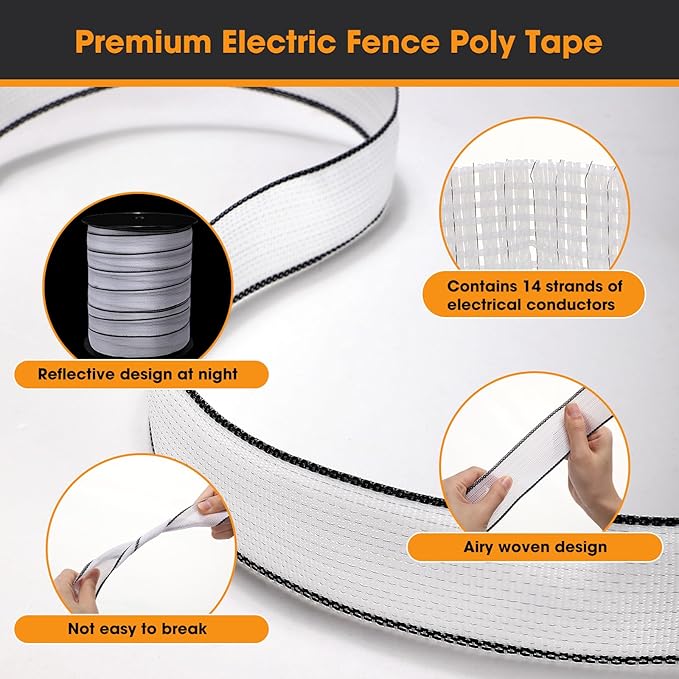 2 Inch x 1500ft/ 457m Electric Fence Tapes with High Visibility 3 Rolls Each 500ft Electric Horse Fence Kit for Horse Livestock