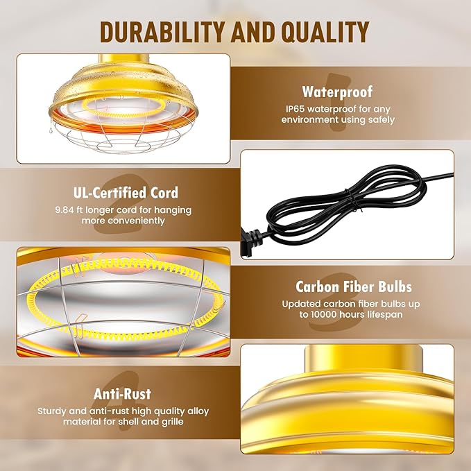 600 Watt Large Heat Lamp for Chicken Coop, Hanging Chicken Coop Heater, Carbon Fiber Bulb Waterproof Coop Heater with 2 Heating Levels, Chicken Warmer Lamp for Indoor Poultry Pet Livestock Greenhouse