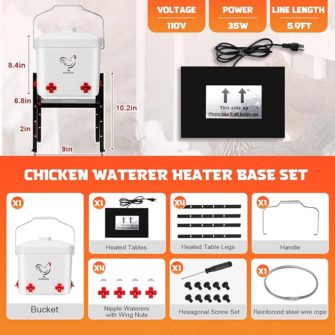 2 Gallon Heated Chicken Waterer Winter Anti-Freezing Automatic Chicken Watering System,Adsjustable Height Poultry Water Dispenser Heating Waterer 9 in x 6.8in x 8.4in