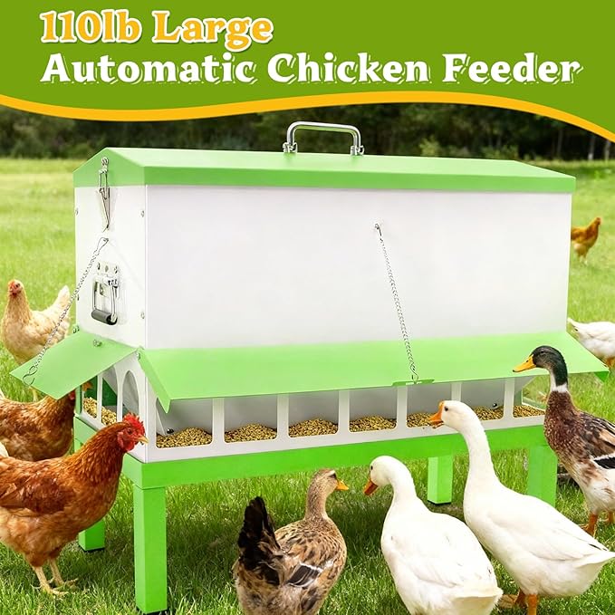 Metal Chicken Feeder 110lb,No Waste Automatic Large Capacity Chicken Feeder with 18 Ports & Locking Lid, Galvanized Poultry Equipment,Weatherproof,Rodent Proof, Rat Proof, Comederos para Gallinas