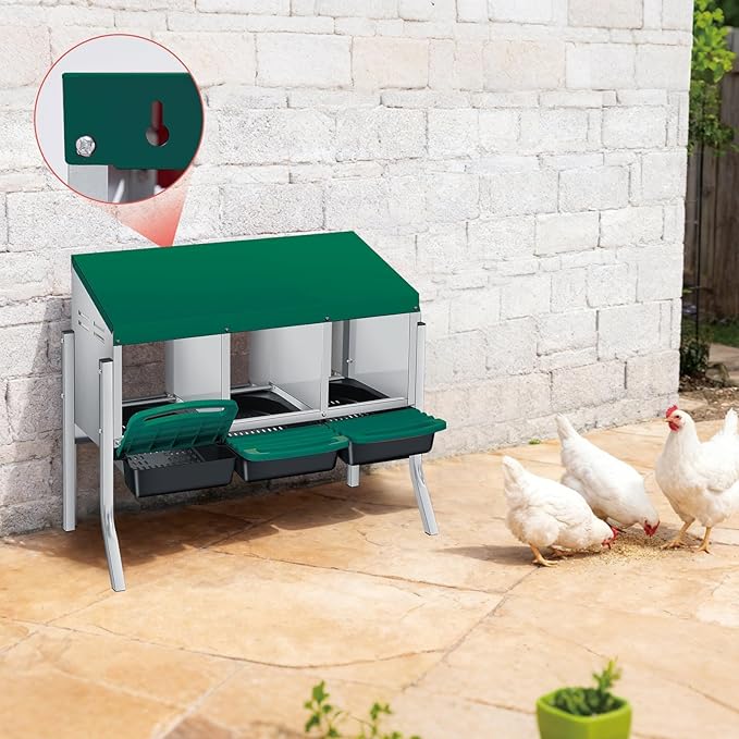 3 Compartment Metal Chicken Nesting Box, Automatic Roll-Out Egg Collection, Waterproof Galvanized Steel Laying Box with Perch & Wall Mount, for Hens Ducks Rabbits