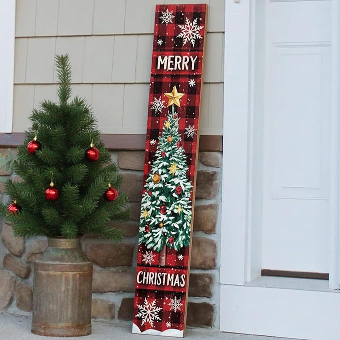47" Large Christmas Porch Sign Red Buffalo Plaid Welcome Sign Wooden Tall Christmas Porch Decor Leaner Front Door Decor for Rustic Farmhouse Xmas Holiday Outdoor Home Yard Gift