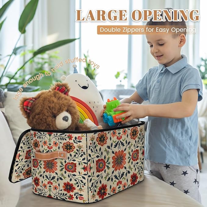Boho Vintage Floral Pattern Storage Bins with Zipper Lid Fabric Storage Containers for Clothes Collapsible Closet Storage Basket with Metal Frame 2 Pack