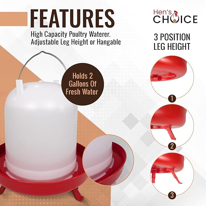Hen's Choice 8L/2.1 gal Chicken Waterer, Adjustable Legs (Red)