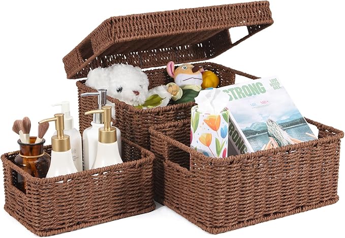 Wicker Storage Basket with Lid - Woven Basket for Storage,Rectangular Decorative Boxes Bins with Lids for Shelves,living room, Nursery, 3 baskets+1 lids(Dark Brown)