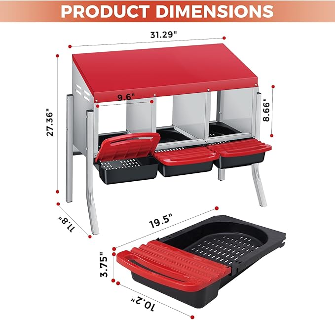Chicken Nesting Boxes with Cleanable Pull-Out Trays, 3-Hole Wall Mount Roll Away Nest for Easy Cleaning & Egg Collection