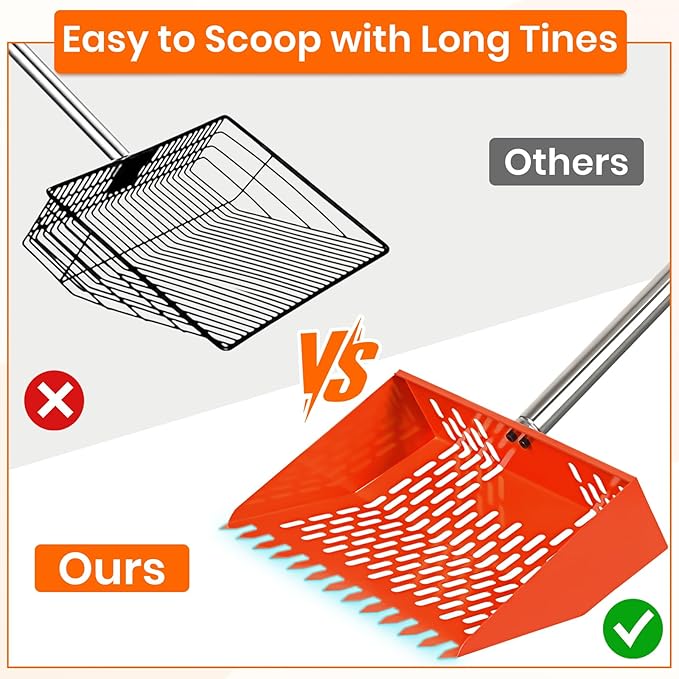 2-in-1 Chicken Poop Scooper & Rake Chicken Coop Scooper for Sand, with Adjustable Long Handle, Sifting Shovel, Chicken Scooper for Poop, Metal, Safety Orange