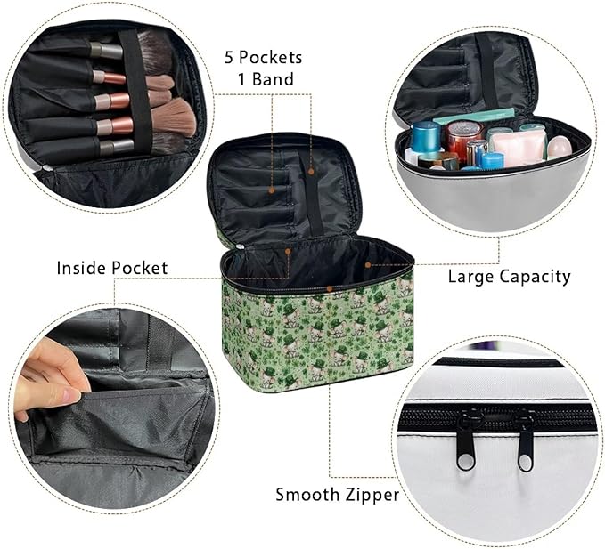 Travel Makeup Bags for Women Portable Tote Cosmetic Case with Carry Handle Toiletry Accessories Storage Organizer Bags for St. Ptrick's Day, Cute Elephant Shamrock
