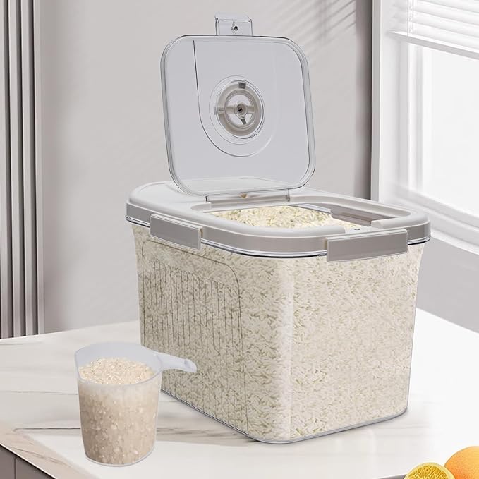 11lb Large Capacity Rice Bucket, Food Containers, Plastic Grain Storage Container with Lid and Timer, Food Storage Bins Airtight Kitchen Storage Containers (White, 13.4 * 10 * 8.86in)