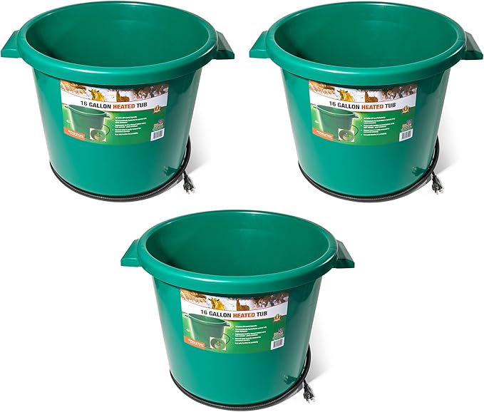 Farm Innovators 3 Pack Heated Water Bucket, 200W Heating Power - 16 Gallon Plastic Bucket with Replaceable Heating Element for Livestock Watering & Feeding