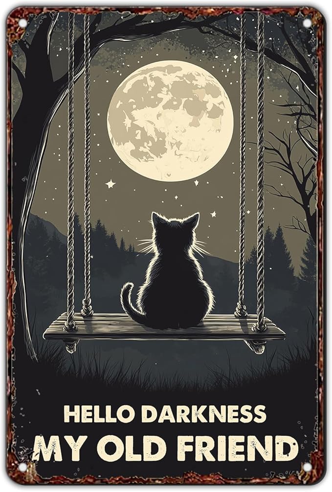 Vintage Wall Decor Metal Poster Plaque Black Cat Hello Darkness My Old Friend Iron Painting Wall Decor Wall Art Nostalgic Tin Sign For Home Cofe Kitchen Pub Bar 12x8 Inch