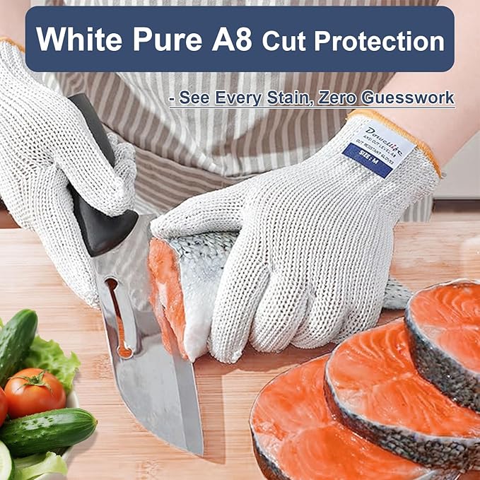 Dowellife Level 8 Reinforced Cut Resistant Gloves, Food Grade, Knife Safety Gloves for Meat Cutting, Oyster Shucking, Fish Fillet, Kitchen Slicing Carving, White, Large (Pack of 2)