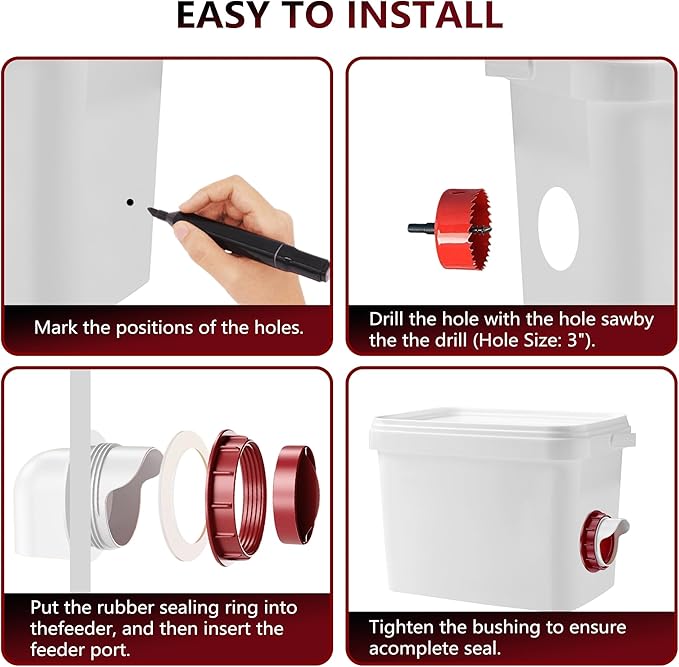 Poultry Feeder No-Waste Automatic Chicken Feeder (6 Ports) - DIY Kit with Hole Saw, Fits Buckets/Barrels/Bins/Troughs (with Covers)