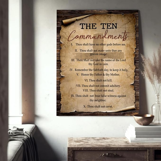 10 Commandments Wall Art Bible Verse Ten Commandments Canvas Pictures Wall Decor Christian Religious Inspirational Quotes Poster Framed Artwork Painting For Kids Bedroom Bathroom Church 12"X16"