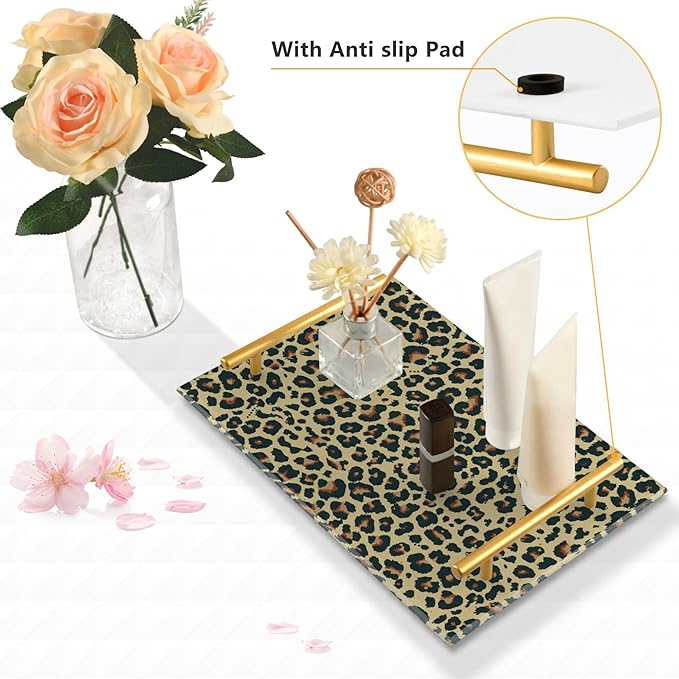 Bathroom Vanity Tray Counter Organizer, Leopard Decor Decorative Tray with Handles Countertop Storage for Bathroom Bedroom Kitchen Home Farmhouse