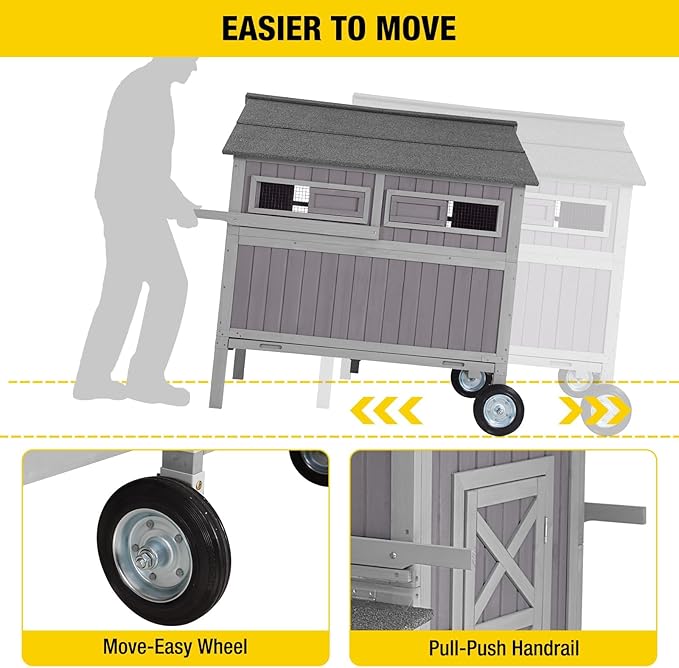Aivituvin Chicken Coop Upgrade Durable Outdoor Chicken House with Large Wheels, Nesting Box, Leakproof Pull-on Tray and UV-Resistant Roof Panel (Light Grey)