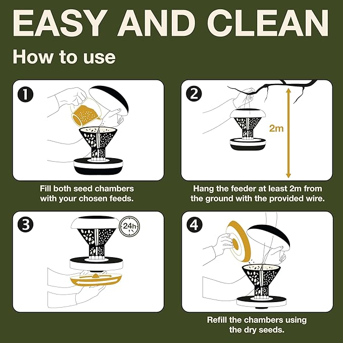 SWISSINNO Bird Feeders - No Mess Hanging Bird Feeder for Outdoors - Smart Birds Davos Spill Proof Wild Cardinal & Small Bird Feeder with Integrated Seed Catcher Tray - Dual Chamber - Green