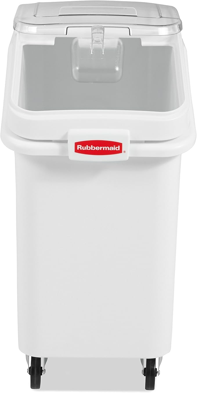 Rubbermaid Commercial Products ProSave Shelf-Storage Ingredient Bin With Scoop 500-Cup capacity Plastic White Sliding Lid Container with Wheels for Kitchen/Restaurant Food Organization