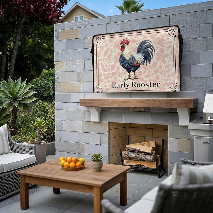 Waterproof Outdoor TV Cover 70 to 75 Inch, Farm Chicken Rooster on Vintage Linen Outside Flat Screen Televisions Weatherproof Cover Size 68"L x 42"H, Pink Flower Plant TV Protector With Zipper