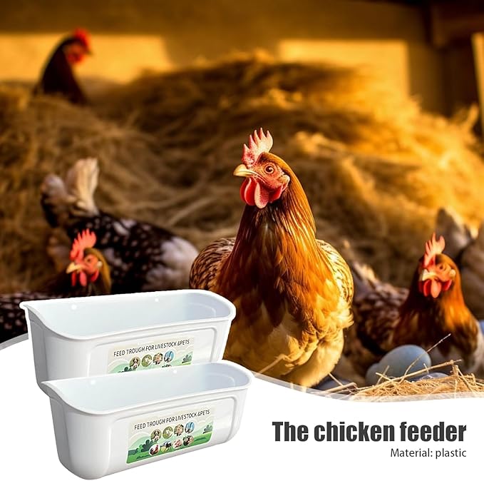 2 Pack Chicken Duck Dog Feeder, Poultry Feeders and Waterers, Hanging Goat Feeder, Livestock Feeding Container, Feed Trough and Waterer Bucket with Clips (White)