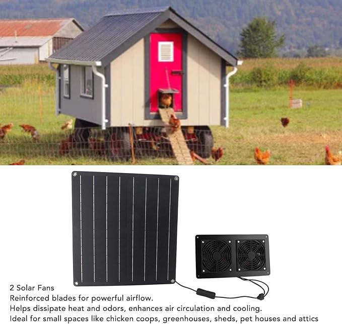 Solar Exhaust Fan Kit 12V 20W Solar Panel with Dual Fan Switch Control for Outdoor Chicken Coop Greenhouse Pet House ABS Material