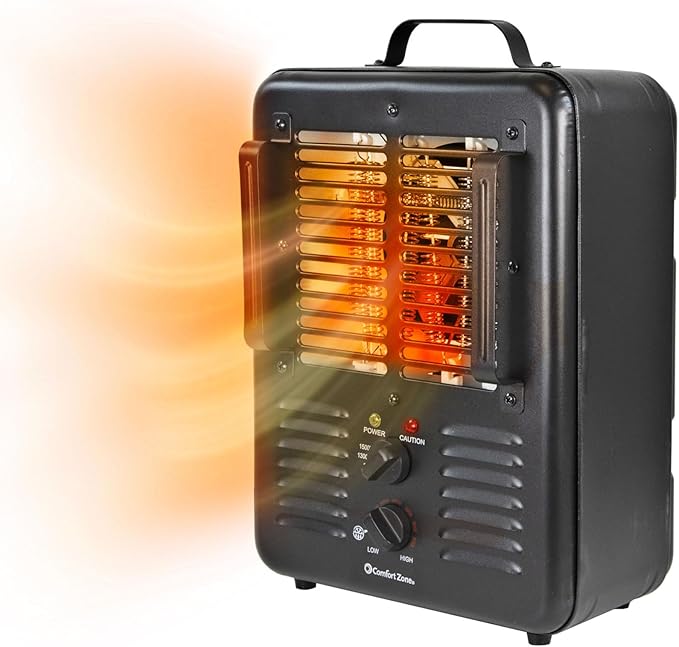 Comfort Zone 1500W Milkhouse Style Utility Space Heater – Portable Workshop & Garage Electric Heater with Adjustable Thermostat, 2 Heat Settings & Fan – All-Metal Housing & Safety Tip-Over Switch