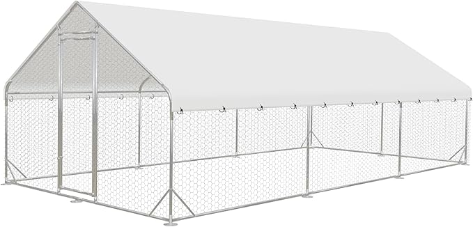 Outdoor Metal Chicken Coop, Metal Chicken Coop with Run,Walk-in Poultry Cage Spire-Shaped Chicken Run Small Animal Pens with Waterproof and Anti-UV Cover for Outside,Backyard and Farm,19.6'x9.8'x6.4'