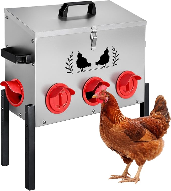 Large Capacity Automatic Chicken Feeder, 8 Port Chicken Feeder, 48LB Metal Chicken Feeders with Locking Lid & Adjustable Legs, No Waste Chicken Feeder, Silver